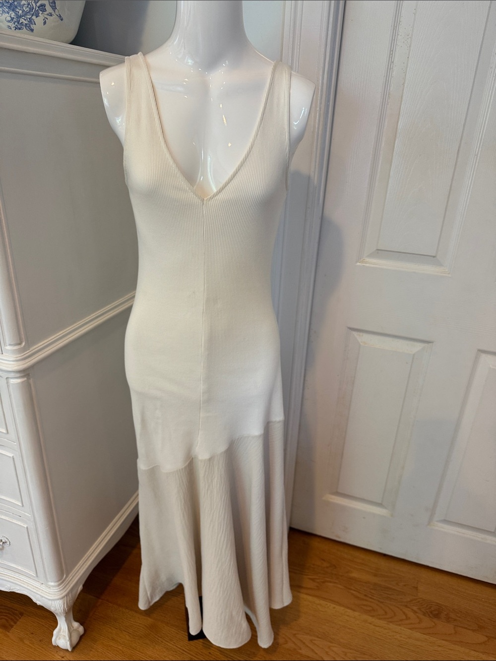 Zara Cream Ribbed V-Neck Maxi Slip Dress